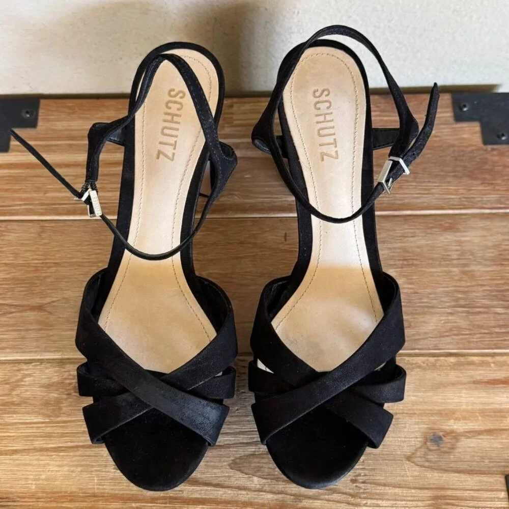 SCHUTZ Keefa Black Suede Open Toe Ankle Strap Platform 70s Evening Sandal Size 8